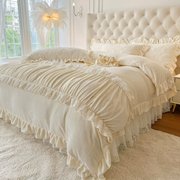 夹棉床盖公主风牛奶绒，四件套冬季加厚花边被套珊瑚绒蕾丝床单床品