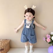 韩版女童夏装婴幼儿彩色针织背心，超萌兔子牛仔，背带短裤婴童两件套