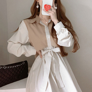 韩国chic复古翻领单排扣拼接假两件系带，蝴蝶结泡泡袖条纹连衣裙女