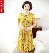 时尚韩国中老年女装连衣裙短袖 2014夏妈妈装黄色圆领中裙969