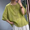 园园美衣纯色苎麻刺绣圆领中袖衬衫，女23夏宽松(夏宽松)大码