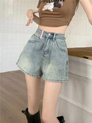 夏季简约设计感口袋，大码浅色牛仔短裤女胖mm高腰，遮肉阔腿裤