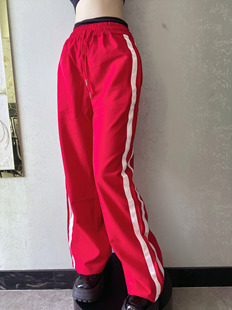 美式vintage棒球服裤子女欧美街头红色低腰，宽松阔腿运动休闲长裤