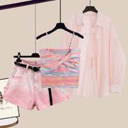 粉色薄款长袖防晒衬衫女夏季2024外穿背心吊带设计感牛仔短裤