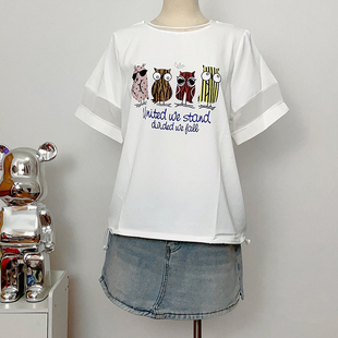 韩国东大门夏季袖口拼接网布透气甜美减龄卡通猫头鹰印花短袖t恤