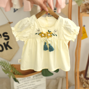 女童夏季衬衫纯棉时髦甜美婴儿，短袖上衣洋气，夏款韩版女宝宝娃娃衫