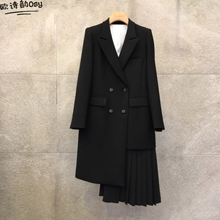 2023韩版宽松显瘦黑色小西装，外套女中长款时尚，气质拼接百褶西服潮