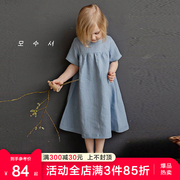 女童棉麻连衣裙2024夏韩版小众圆领短袖，宝宝儿童娃娃裙子童装