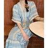 韩国chic夏季法式宫廷风，v领拼接流苏，毛边设计感宽松短袖连衣裙女