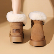 达芙妮牛皮雪地靴女款2023冬季加绒保暖大棉鞋，东北厚底毛毛鞋
