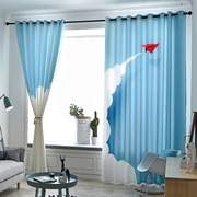 窗帘儿童房可爱卡通，蓝色窗帘布料，男孩女孩卧室小孩房间遮光布