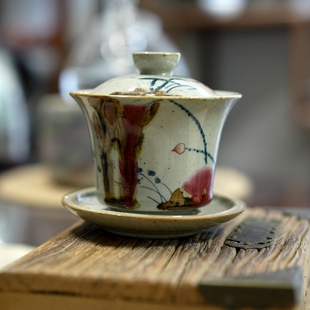 亦紫陶粗陶茶具手绘釉里红 新中式禅意茶器 家用复古茶盏三才盖碗