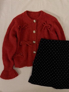 韩系红色蝴蝶结毛衣外套女秋冬小个子甜美减龄喇叭，袖针织开衫上衣