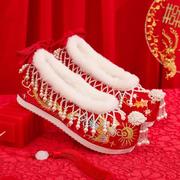 秋冬加绒秀禾服婚鞋中式女古风红色绣花鞋汉服新娘结婚内增高