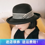 夏季遮阳帽女卷边草帽，英伦时尚黑色，帽薄款法式太阳帽女款帽子