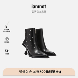 iamnot设计师高跟短靴，秋冬细跟中筒靴女水钻，点缀小牛皮高跟鞋