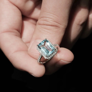 复古高级气质海蓝宝戒指大宝石宫廷贵气指环开口镶钻方形钻戒镶嵌