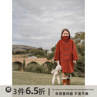 史豌豆童装双面羊绒大衣女童2023冬季儿童时髦红色中长款外套