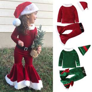 圣诞女童装儿童秋冬季节日装扮中小童长袖上衣喇叭裤帽子三件套装