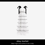 ebay海边度假风旅游小众绝美时尚洋气显瘦V领性感白色连衣裙长裙