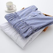 2021夏季薄款棉质短袖白衬衫，女韩版圆领花边，蓝色条纹中袖衬衣上衣
