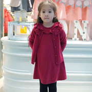 女童洋气红色毛衣套装小女孩，可爱木耳边开衫，连衣裙两件套宝宝外套