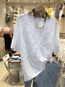 韩国2024春夏新时尚气质短袖上衣白色印花拼接假两件蕾丝衬衫女潮