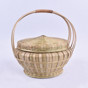 手提竹篮带盖子装茶饼提手竹编篮头层竹青篾鸡蛋篮手编竹提篮有盖
