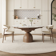 法式复古实木圆桌伸缩岩板餐桌，方变圆小户型现代简约别墅实木餐桌