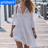 欧美人棉海边旅游喇叭袖沙滩裙女中长连衣裙白色夏季女罩衫