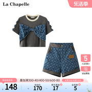 拉夏贝尔/La Chapelle夏季圆领蝴蝶结短款T恤上衣短裤两件套装女
