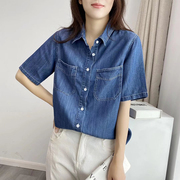 垂感天丝牛仔短袖衬衫，女韩版夏季设计感小众，宽松显瘦打底衬衣