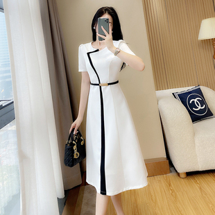 高级感夏季韩版短袖女连衣裙大码女气质仙女裙黑白色拼接高腰