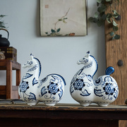 新中式青花手绘陶瓷马摆件工艺品马到成功客厅电视柜家居装饰摆饰