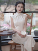新中式复古白色提花花瓣，领旗袍2024春夏高级感少女，连衣裙订婚礼服