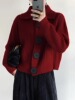 法式秋冬季复古红色拉链毛衣，针织开衫女翻领，外套针织洋气上衣