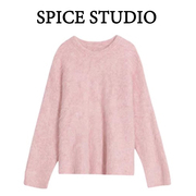 粉色毛毛绒(毛毛绒)针织衫上衣，秋冬季休闲圆领套头，针织衫长袖粉色毛衣上衣