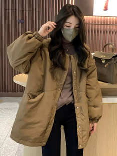 糖果色韩版棉衣女棉服圆领，设计感2023冬中长款夹棉加厚羽绒棉外套