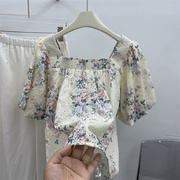 法式风格甜美风衬衫女士夏季方(夏季方)领碎花，衬衣泡泡袖洋气遮肉小衫短袖
