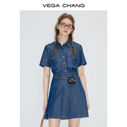 vegachang牛仔连衣裙，女2024年夏季复古时尚收腰显瘦百褶短裙