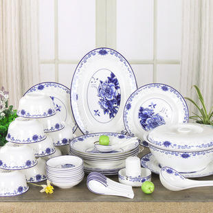 景德镇陶瓷器56头骨瓷餐具套装釉，中彩碗碟套装，家用盘子吃饭碗筷子