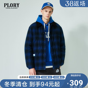 PLORY2023春季翻领棉衣男士宽松格子加厚短款保暖外套