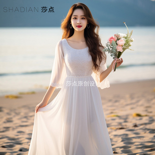 圆领连衣裙夏季女白色雪纺蕾丝裙到脚踝长裙海边度假沙滩裙