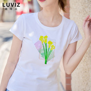 春夏装短袖t恤女韩版印花上衣甜美小清新修身白色小衫