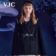VJC/威杰思秋冬女装黑色毛呢大衣高级感重工毛呢斗篷外套