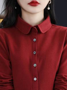 酒红色衬衫女2023女秋冬季大码德绒加厚长袖，内搭女士衬衣上衣