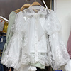 韩系春秋设计感蝴蝶结系带蕾，丝网纱泡泡灯笼，袖蕾丝衬衫上衣女