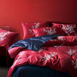 红色婚庆纯棉四件套床上用品，全棉贡缎60s长绒棉四件套ag6169