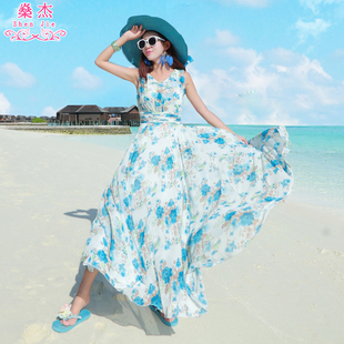 沙滩裙女海边度假波西米亚，长裙海滩雪纺碎花，显瘦女夏裙子(夏裙子)连衣裙