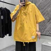 黄色短袖纯色卫衣男夏季连帽，oversize外套ins七分袖，设计感小众t恤